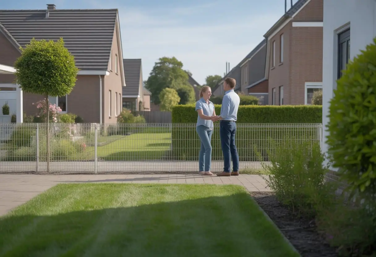 Twee buren praten vriendelijk bij een goed onderhouden erfgrens tussen hun huizen in een rustige woonwijk.