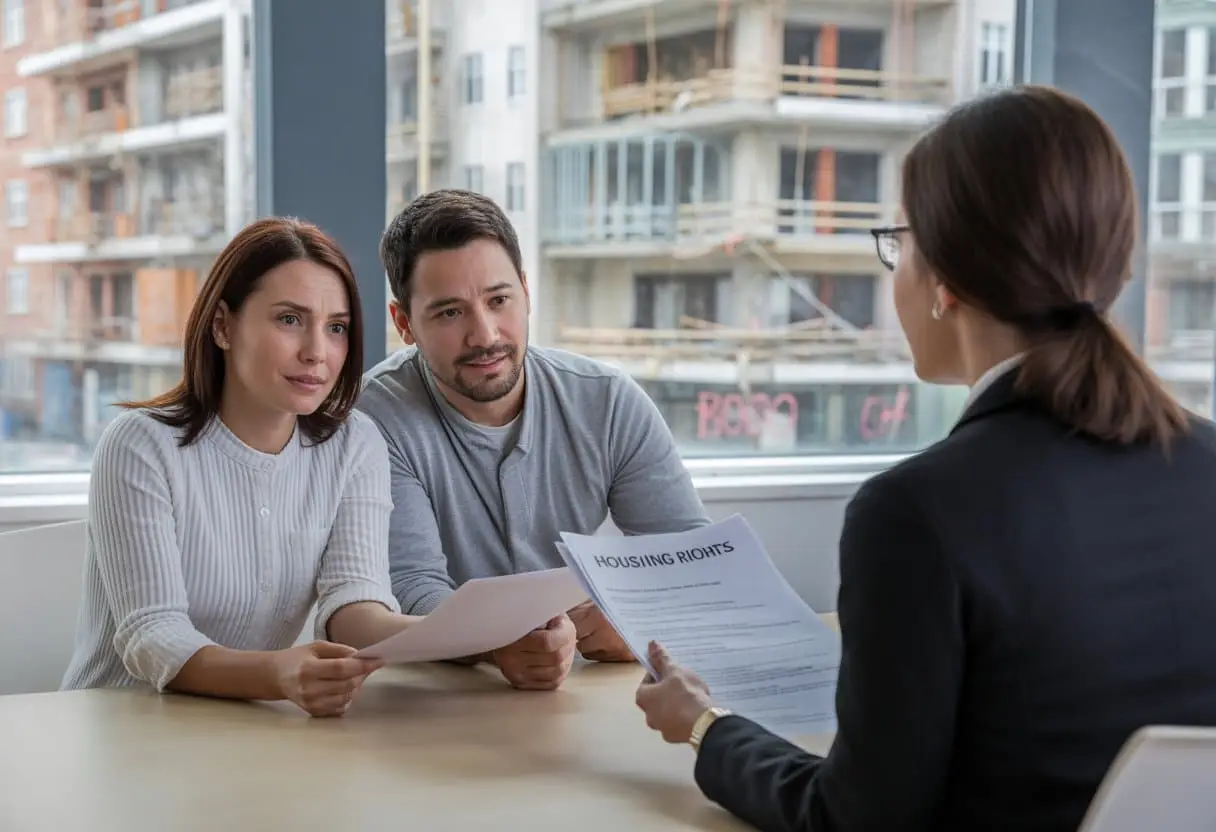 Wat zijn de rechten van huurders bij renovatie of sloop? Alles wat je moet weten 1 Een stel huurders in gesprek met een juridisch adviseur in een kantoor, met een stadsbeeld van gebouwen in renovatie en sloop zichtbaar door het raam.