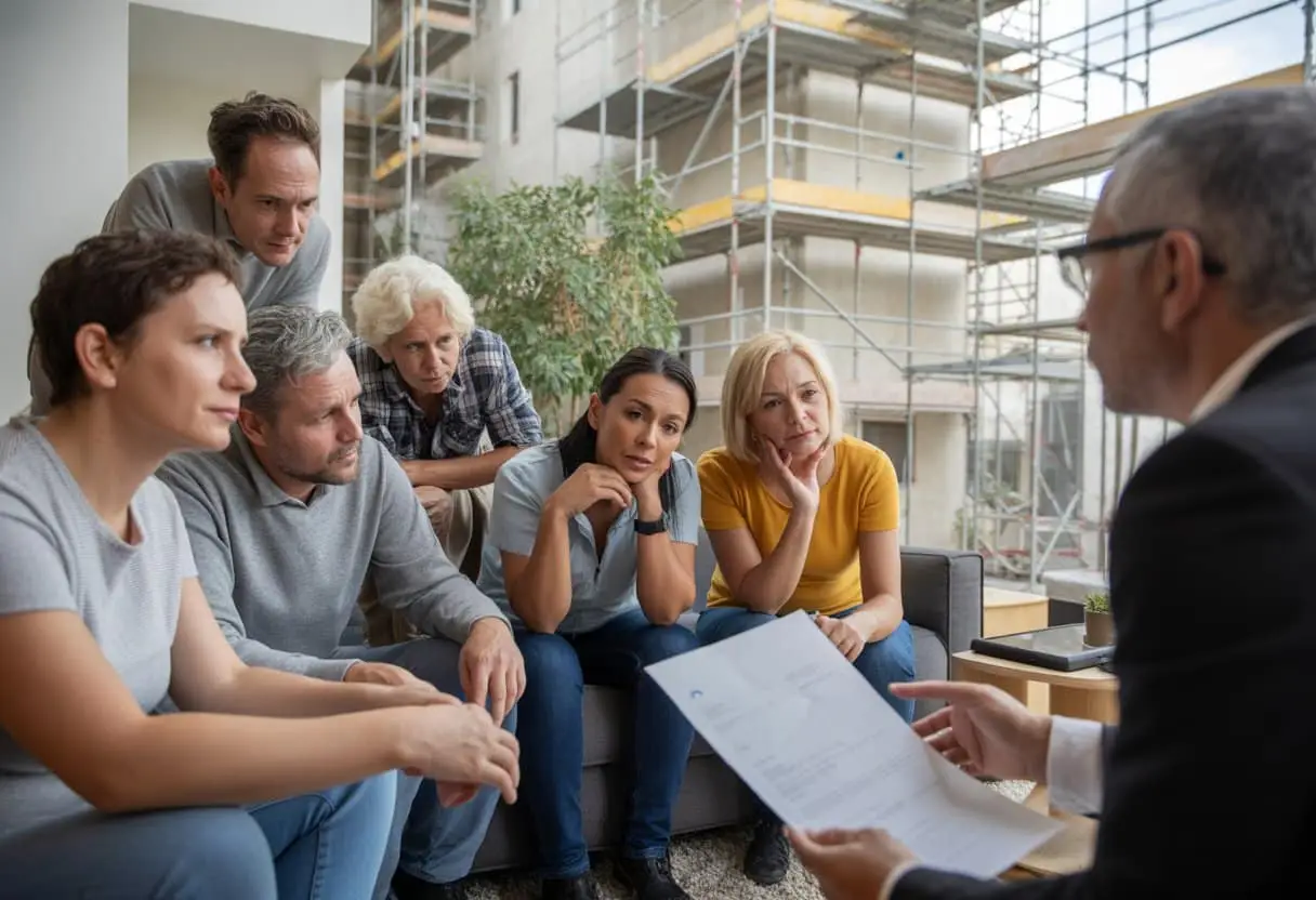 Wat zijn de rechten van huurders bij renovatie of sloop? Alles wat je moet weten 2 Een groep huurders praat met een adviseur in een woonkamer terwijl buiten renovatiewerkzaamheden zichtbaar zijn.