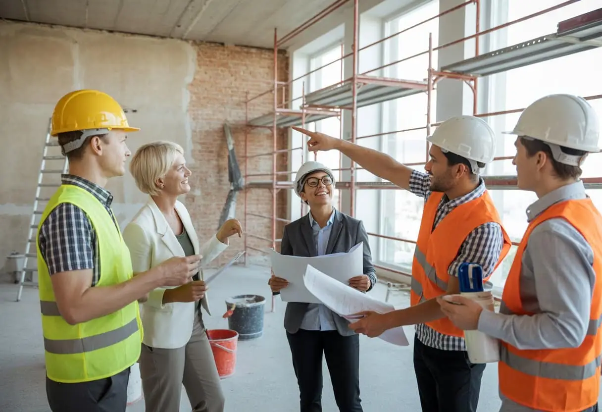 Wat zijn de rechten van huurders bij renovatie of sloop? Alles wat je moet weten 3 Mensen bespreken renovatie van een huurwoning met bouwvakkers in een appartement in renovatie.