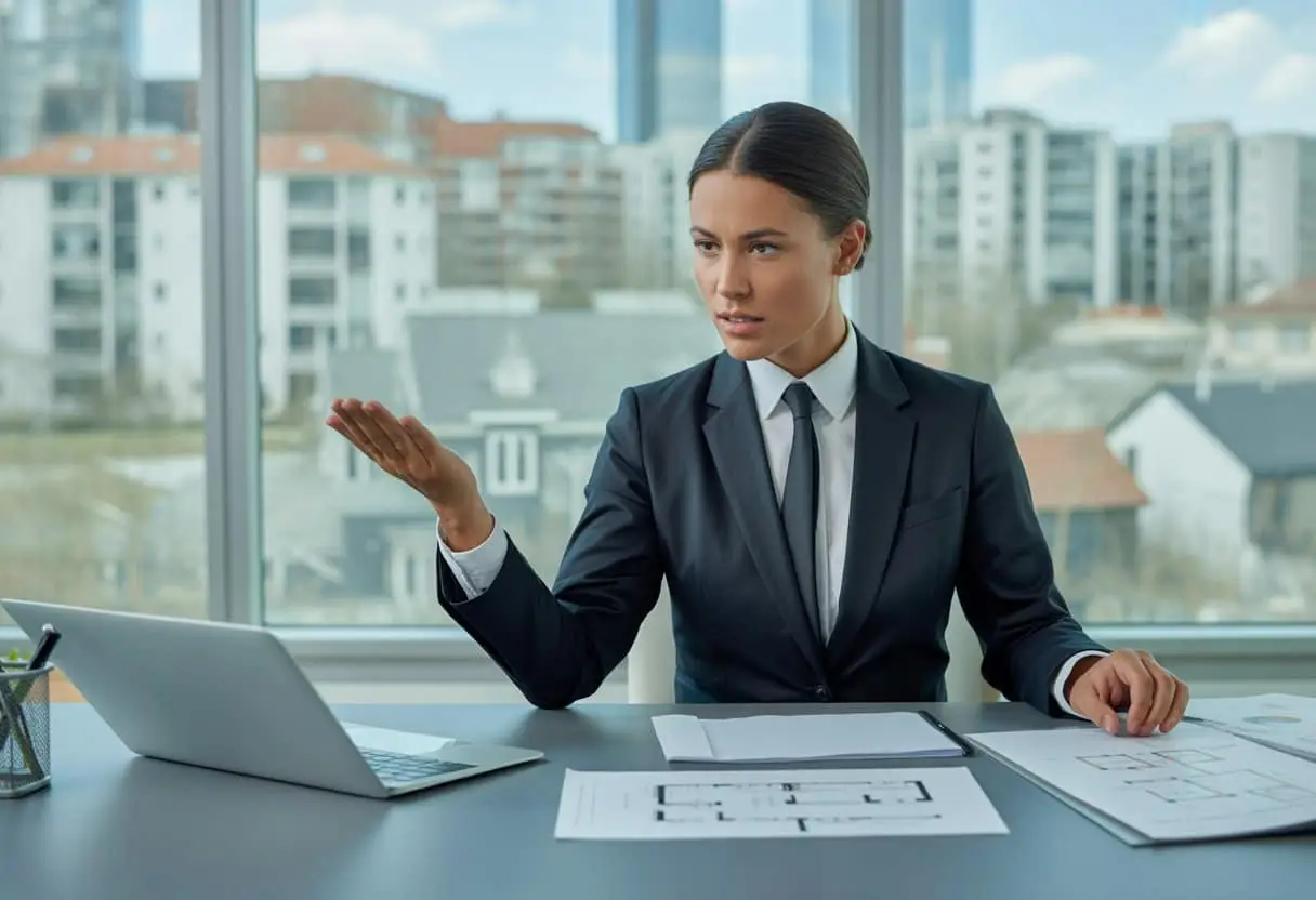 Een advocaat in een kantoor bespreekt vastgoedgeschillen met documenten en een laptop op een bureau, met een stadsgezicht op de achtergrond.
