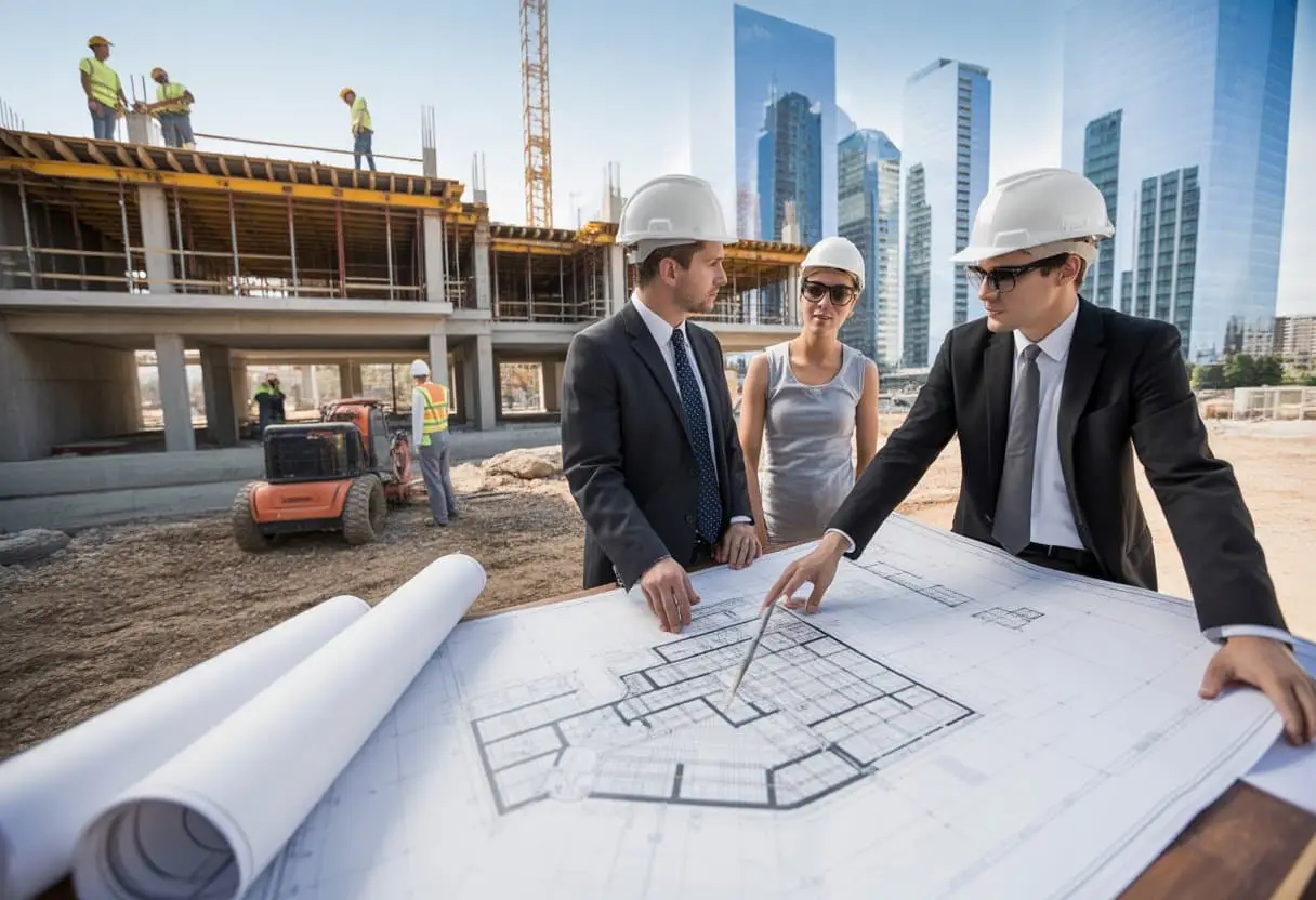 Architecten en stadsplanners bekijken bouwplannen buiten bij een bouwplaats met kranen en nieuwe gebouwen op de achtergrond.