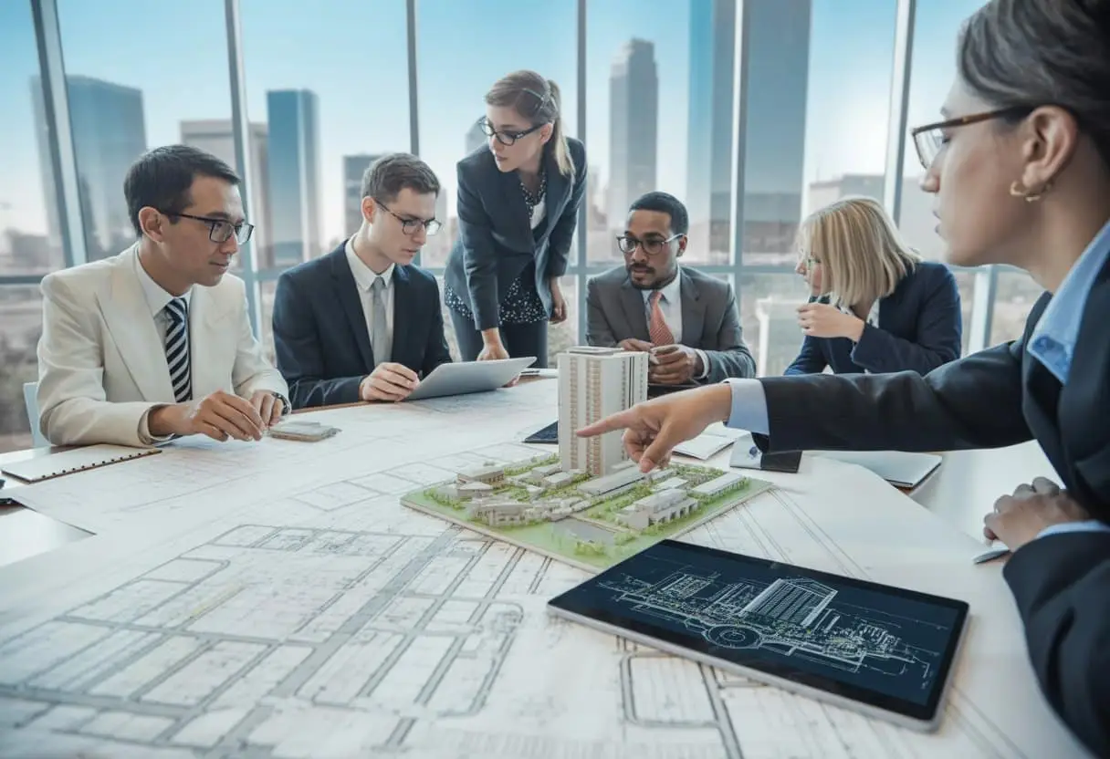 Een groep professionals bespreekt bestemmingsplannen en vastgoedontwikkeling rond een tafel met plattegronden en digitale modellen in een kantoor met uitzicht op de stad.