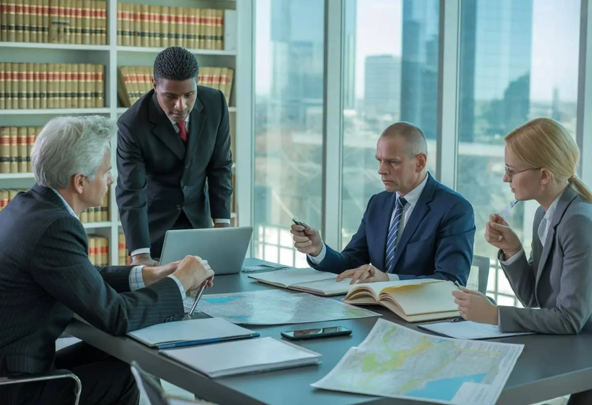 Hoe werkt het proces van een onteigeningsprocedure? Stappen en rechtsbescherming 1 Een formele vergadering met professionals die juridische documenten en kaarten bespreken in een kantoor.