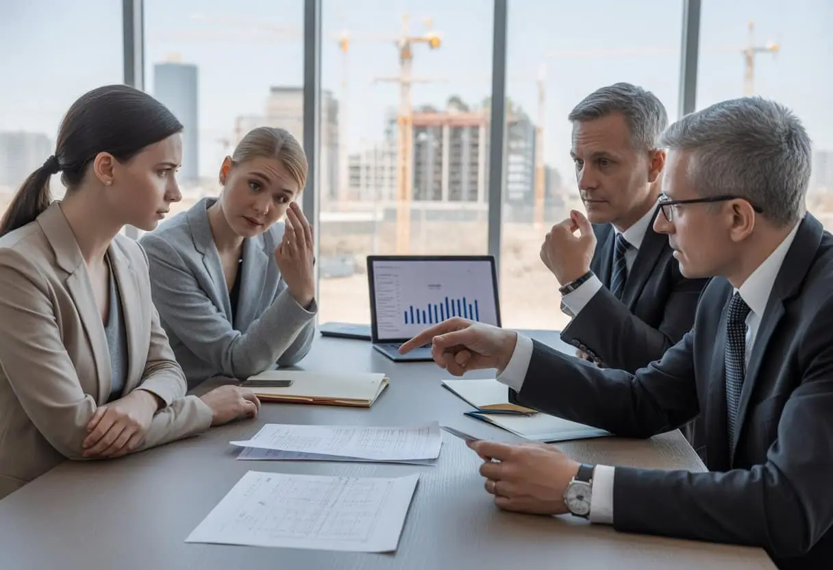 Hoe werkt het proces van een onteigeningsprocedure? Stappen en rechtsbescherming 2 Een formele vergadering tussen overheidsfunctionarissen en eigenaren van onroerend goed in een kantoor, met documenten en bouwplannen op tafel, en een stadsgezicht met kranen op de achtergrond.