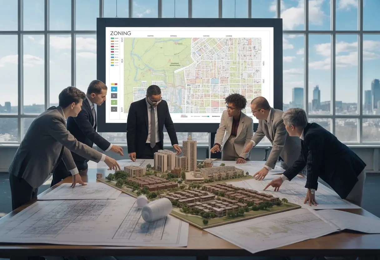Een groep professionals bespreekt bestemmingsplannen en vastgoedprojecten rond een tafel met plattegronden en modellen in een kantoor met uitzicht op de stad.