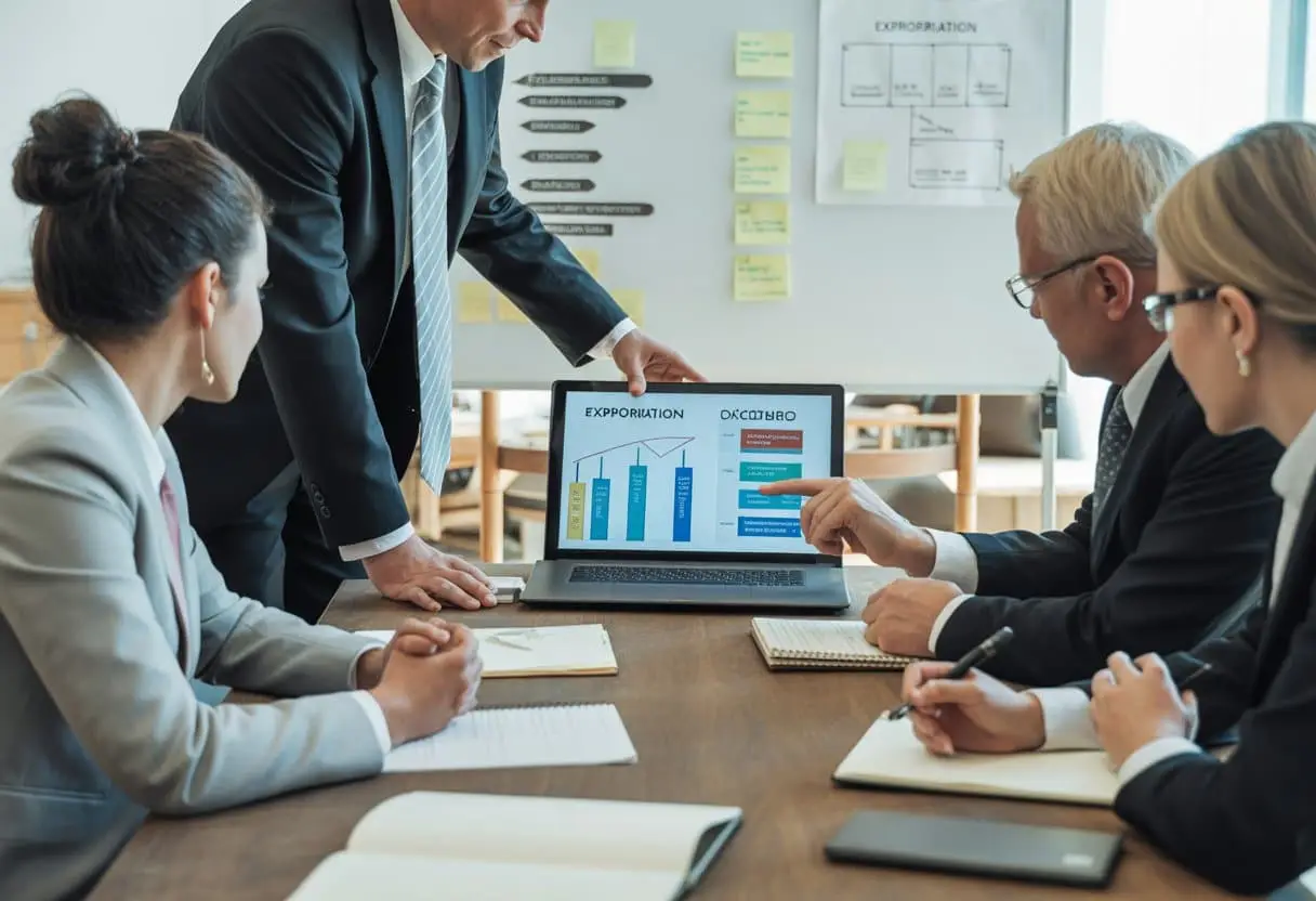 Hoe werkt het proces van een onteigeningsprocedure? Stappen en rechtsbescherming 3 Een groep professionals in een kantoor bespreekt documenten en een scherm met een stroomdiagram over een onteigeningsprocedure.