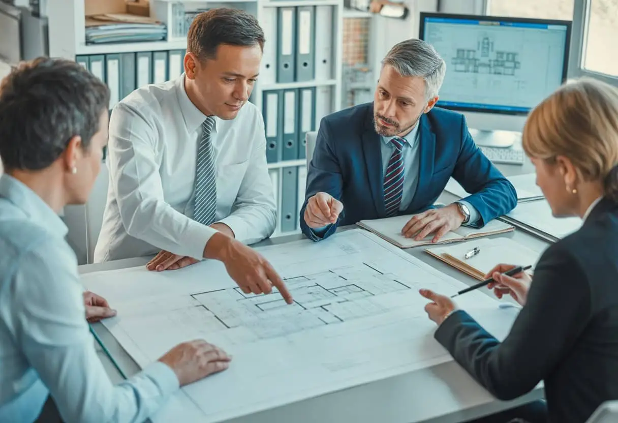 Hoe werkt het proces van een bouwvergunning aanvragen? Stappen & Tips 1 Mensen in een kantoor bespreken bouwplannen en documenten voor een bouwvergunning.