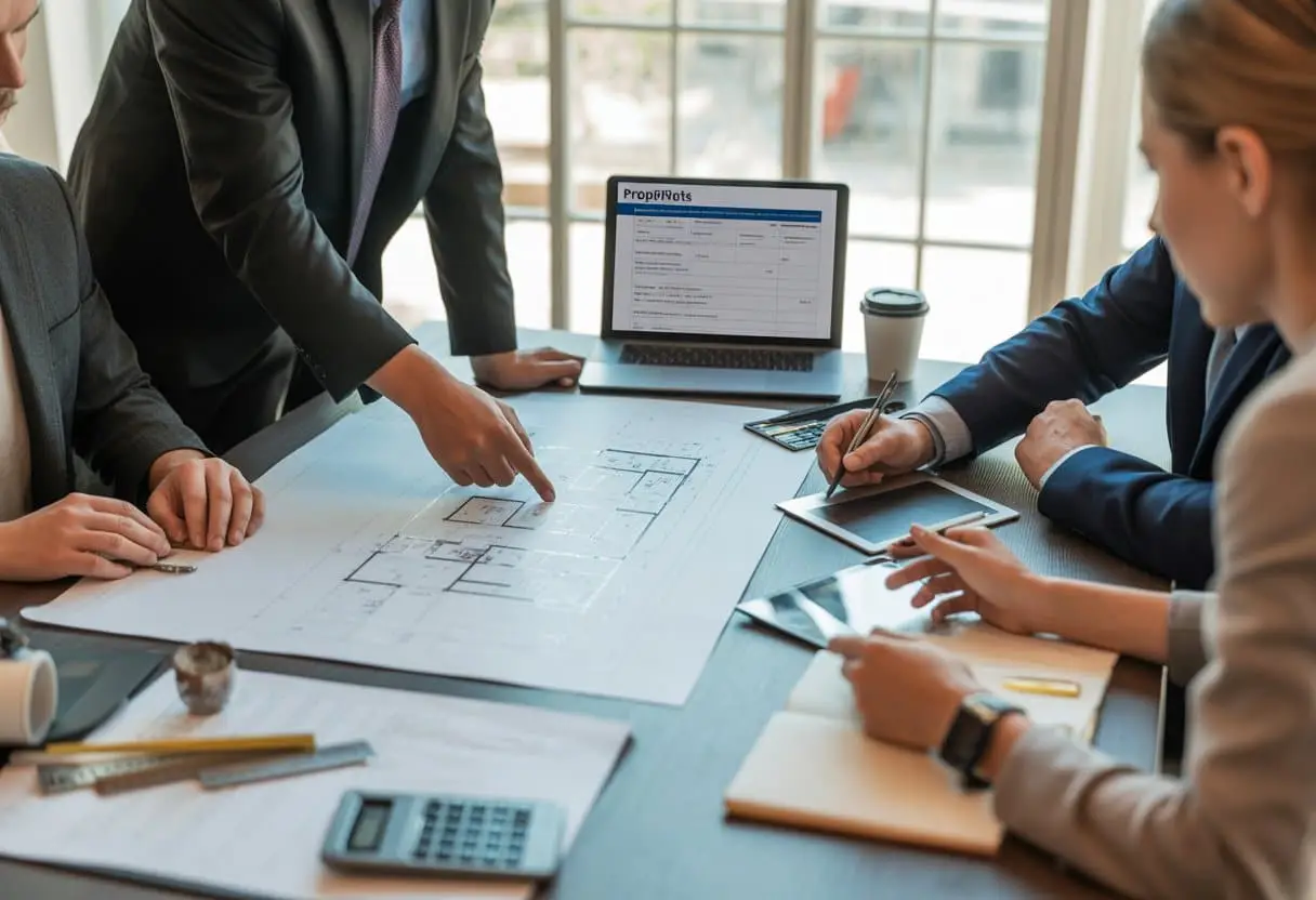 Hoe werkt het proces van een bouwvergunning aanvragen? Stappen & Tips 3 Een groep professionals bespreekt bouwplannen en documenten aan een tafel in een kantooromgeving ter voorbereiding van een vergunningsaanvraag.