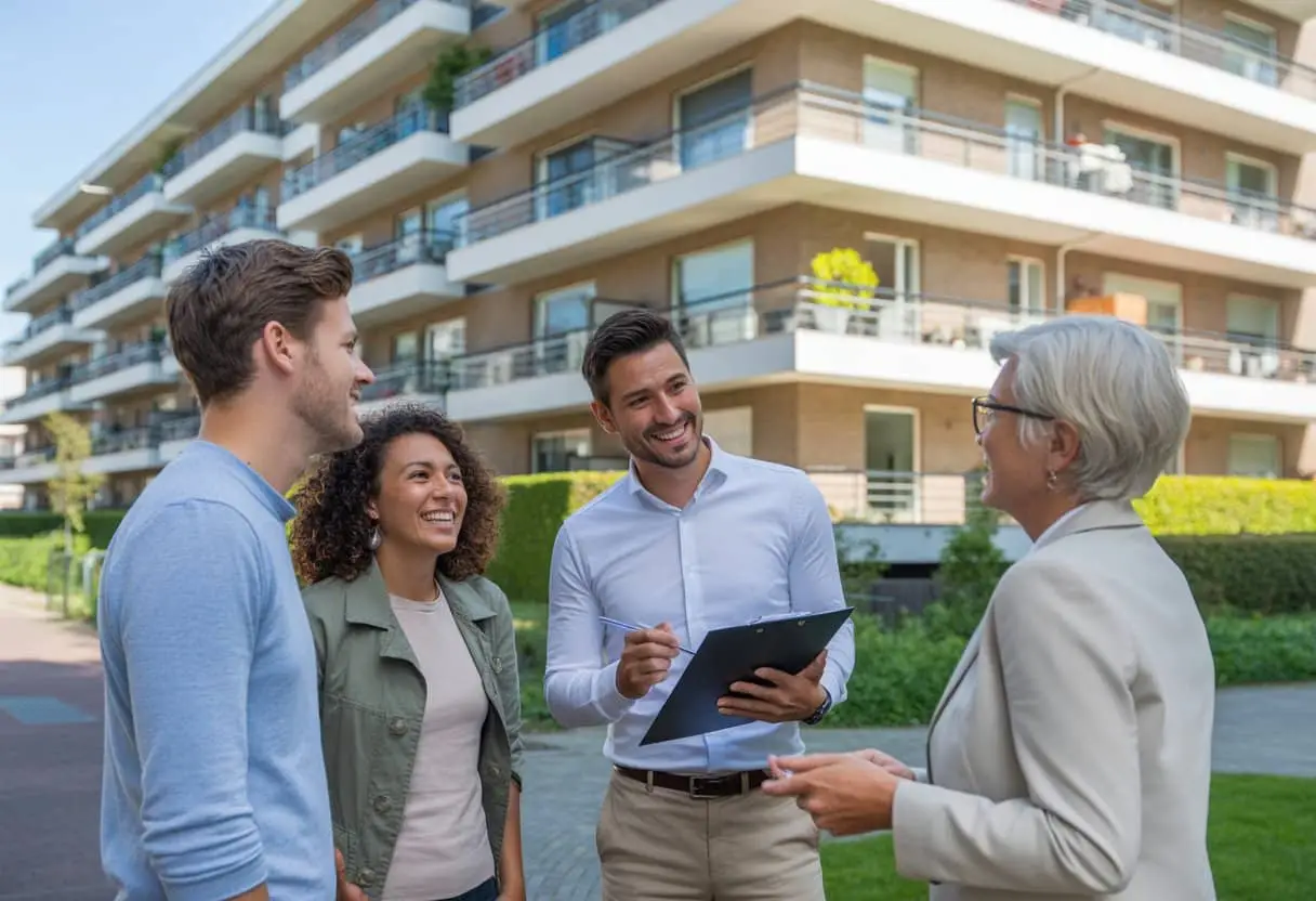 Een groep mensen praat met een makelaar voor een modern appartementencomplex in een Nederlandse woonwijk.