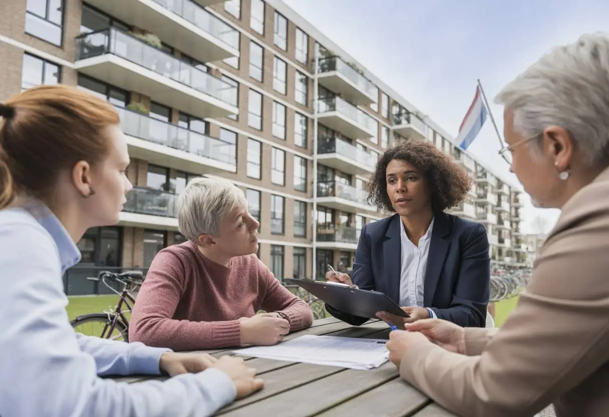 Een groep mensen bespreekt huurregels buiten een modern Nederlands appartementencomplex.