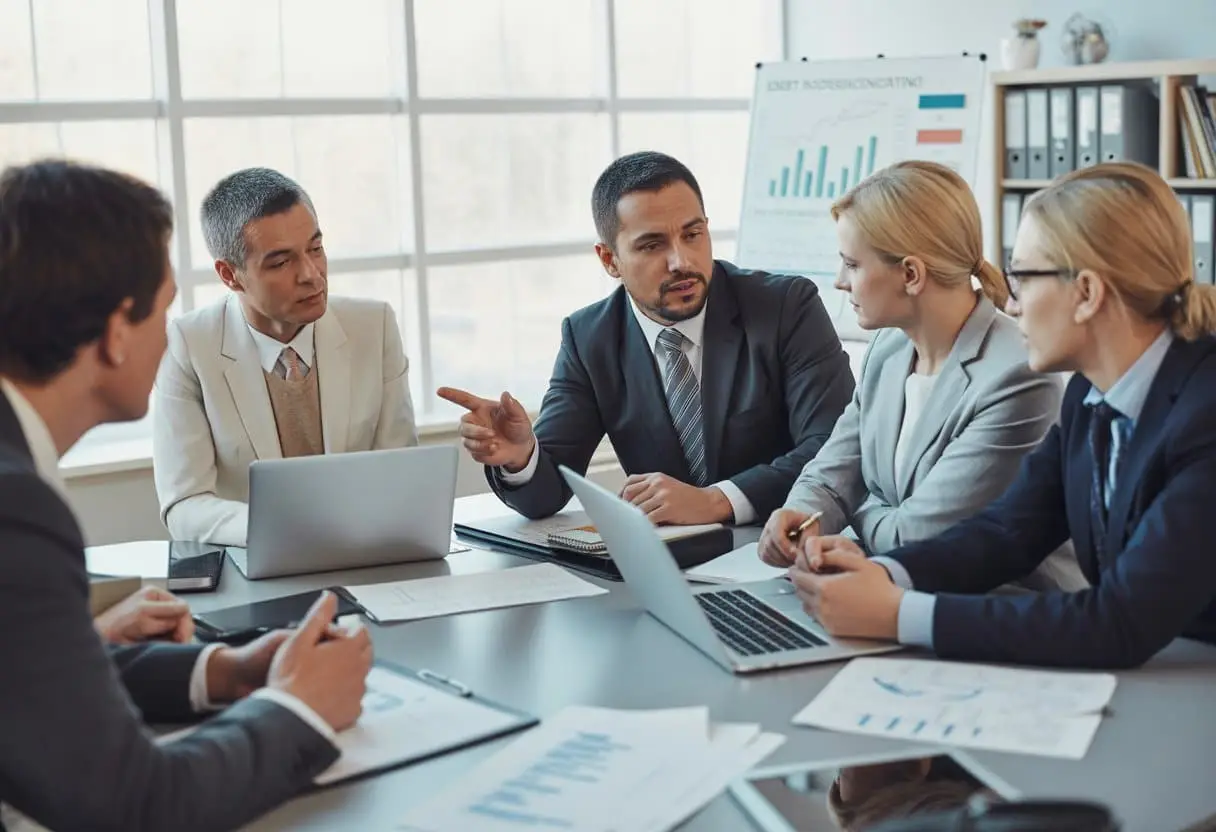 Een groep zakelijke professionals zit rond een vergadertafel in een kantoor en bespreekt financiële documenten en plannen.