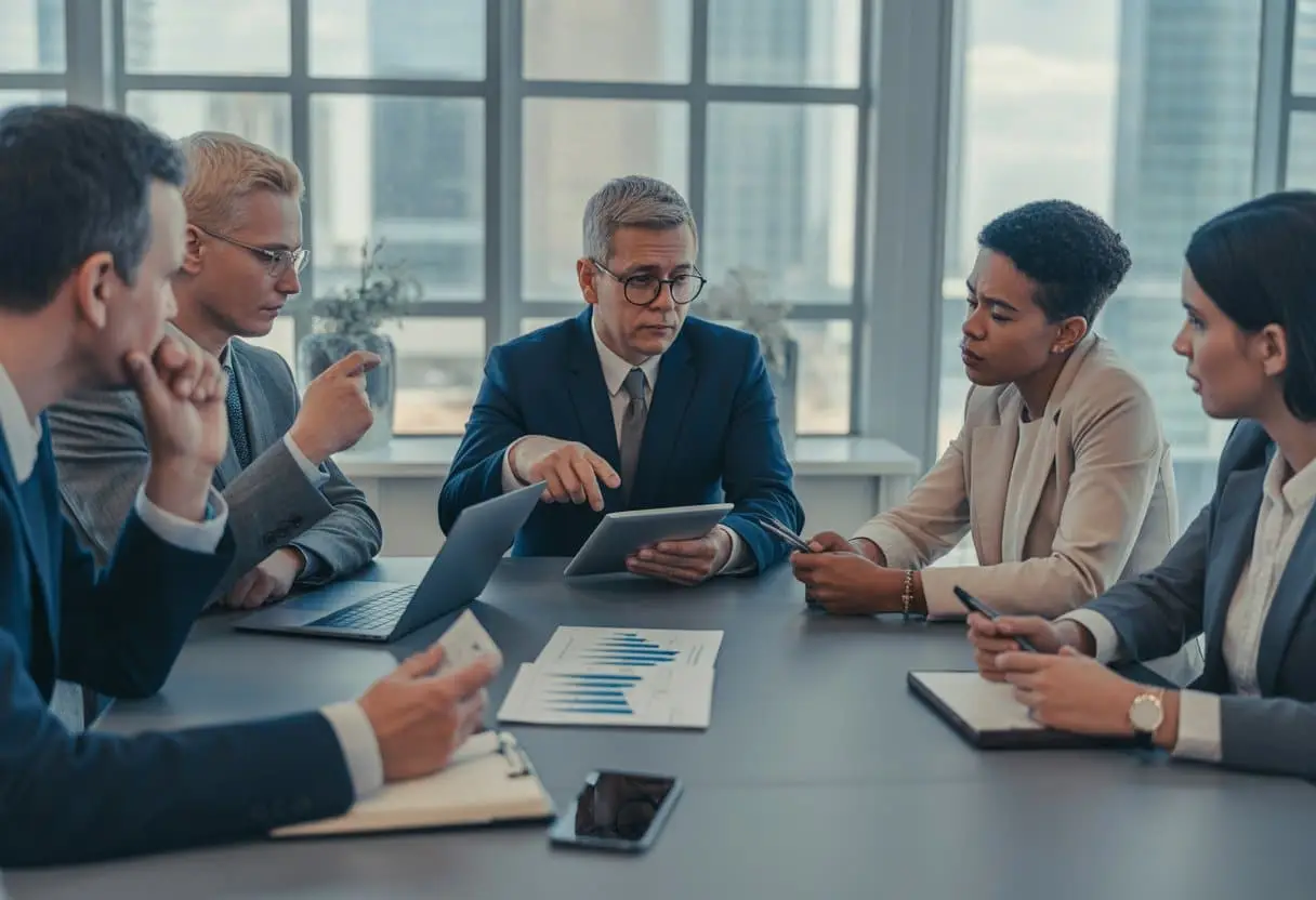 Een groep professionals bespreekt financiële documenten rond een vergadertafel in een modern kantoor.