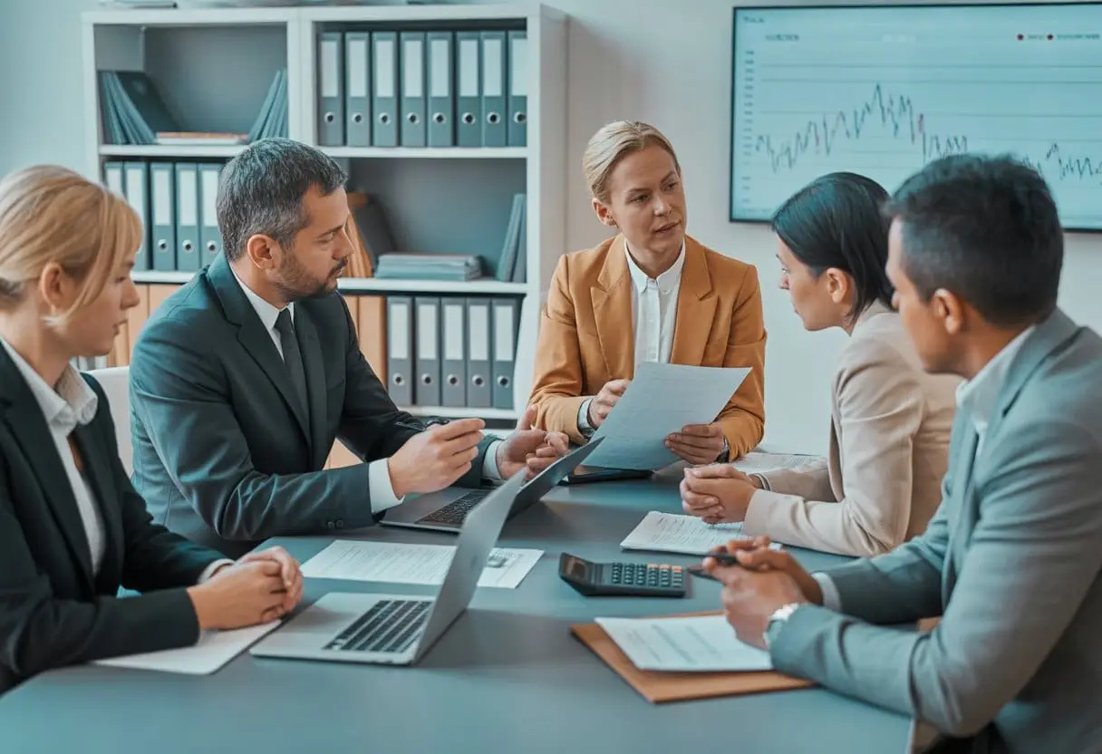 Een groep professionals zit rond een tafel in een kantoor en bespreekt financiële documenten tijdens een vergadering over schuldsanering.