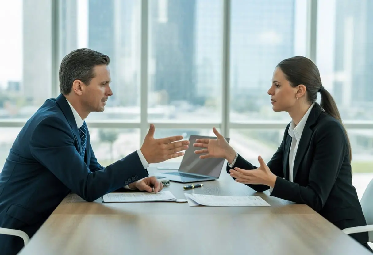 Twee zakelijke professionals zitten aan een tafel en bespreken de beëindiging van een huurovereenkomst in een modern kantoor.