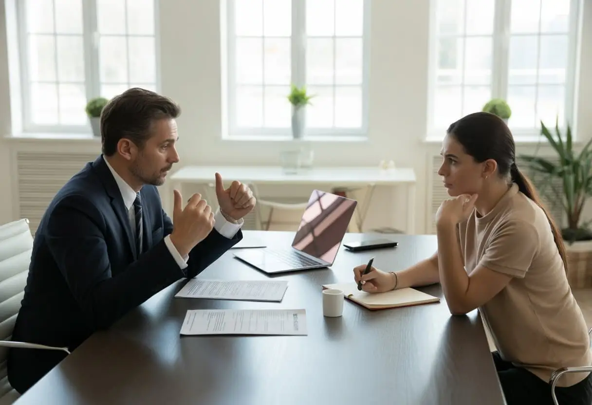 Twee mensen zitten aan een tafel in een kantoor en voeren een serieus gesprek over huurachterstand bij bedrijfsruimte.
