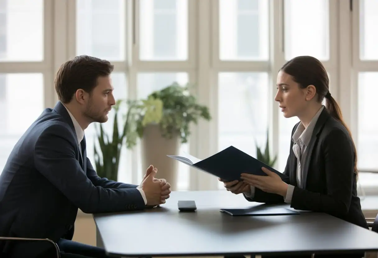 Ontslag op staande voet aanvechten: wat zijn uw kansen als werknemer? 2 Twee mensen zitten tegenover elkaar aan een vergadertafel in een kantoor, in een serieus gesprek over werk en ontslag.