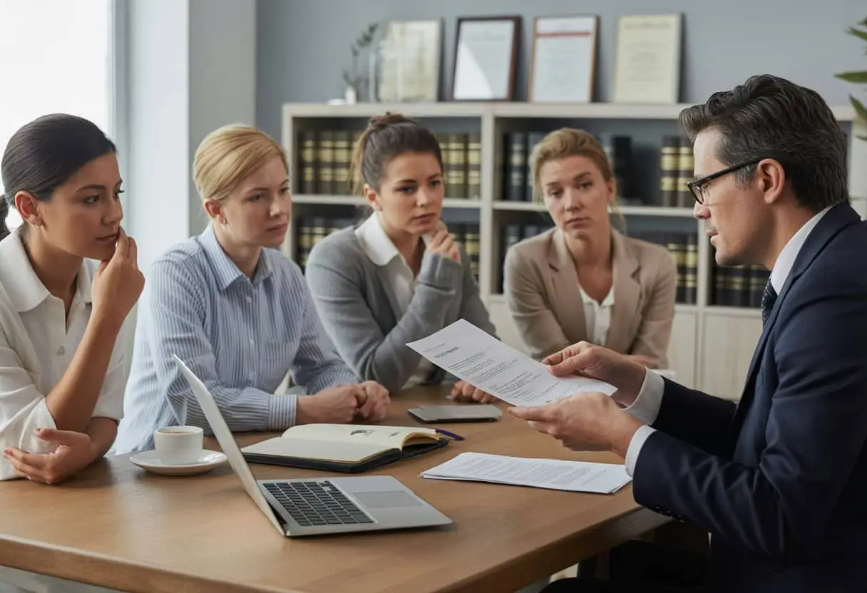 Ontslag op staande voet aanvechten: wat zijn uw kansen als werknemer? 3 Een groep werknemers en een advocaat in een kantoor die serieus over juridische zaken praten.