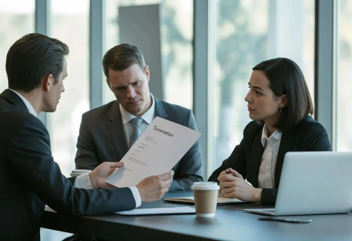 Drie professionals in een kantoor bespreken serieus een document tijdens een vergadering.