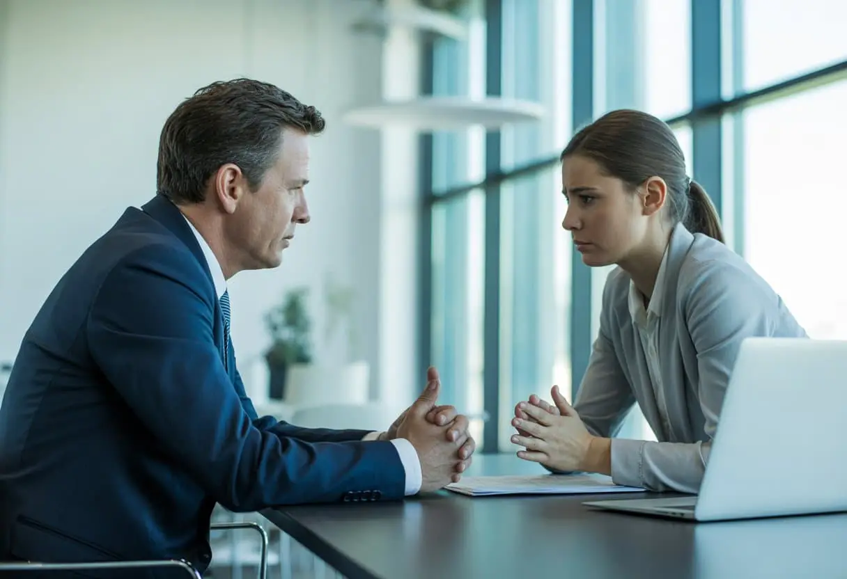 Een werkgever en werknemer zitten tegenover elkaar aan een vergadertafel in een kantoor en voeren een serieus gesprek.