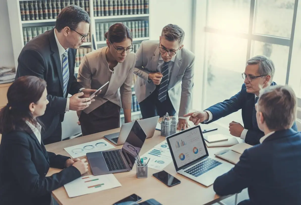 Een groep professionals in een kantoor vergadert samen rond een tafel met laptops en documenten.