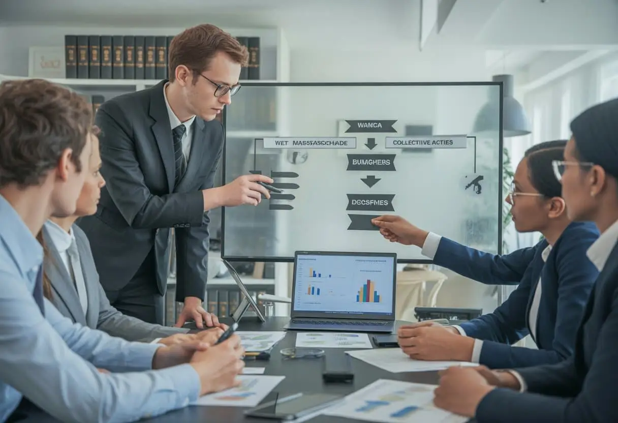 Professionals die samenwerken aan een tafel met documenten en een digitaal scherm waarop een processtap wordt uitgelegd.