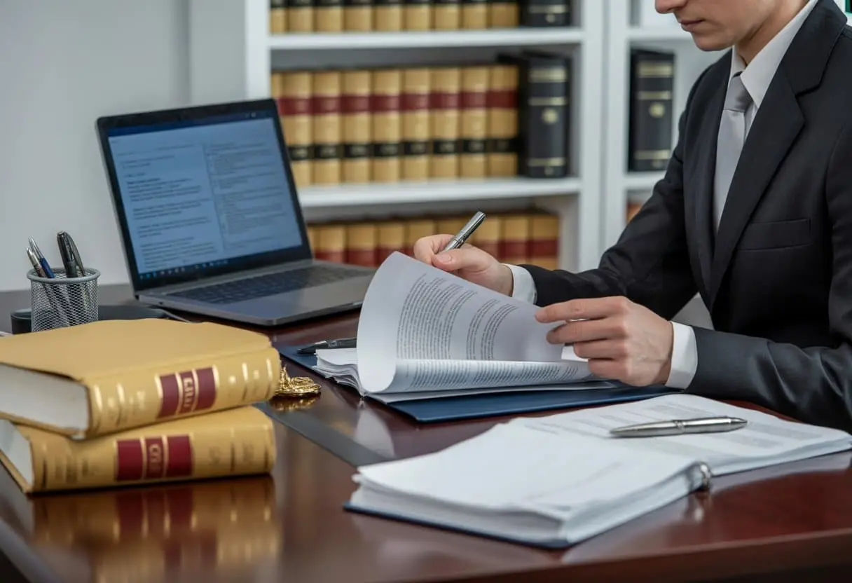 Een advocaat bekijkt documenten op een bureau in een kantoor met juridische boeken op de achtergrond.