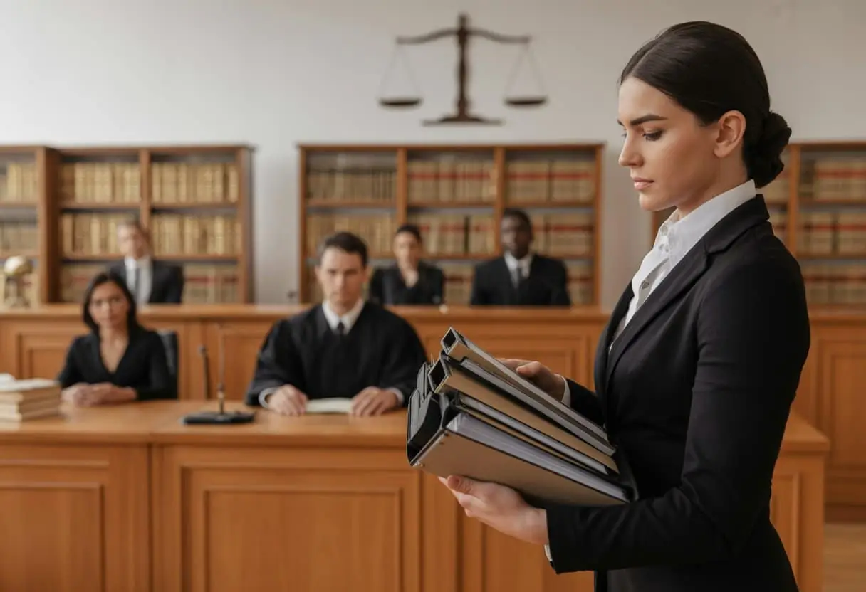 Een advocaat presenteert bewijsstukken in een moderne rechtszaal aan een rechter en jury.