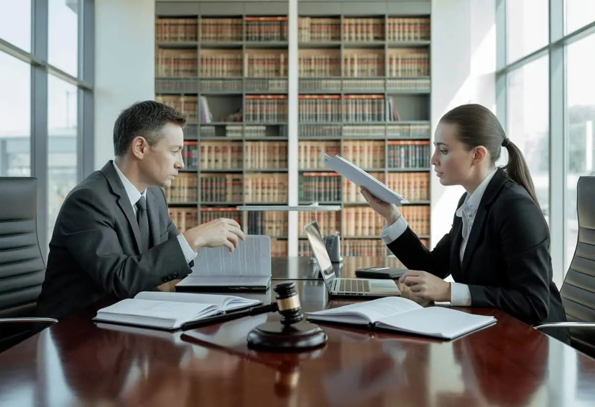 Twee advocaten bespreken documenten in een moderne kantooromgeving met juridische boeken en een hamer op tafel.