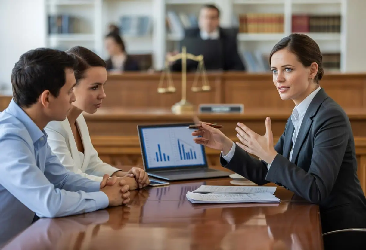 Een advocaat legt een procedure uit aan een stel in een moderne rechtszaal.