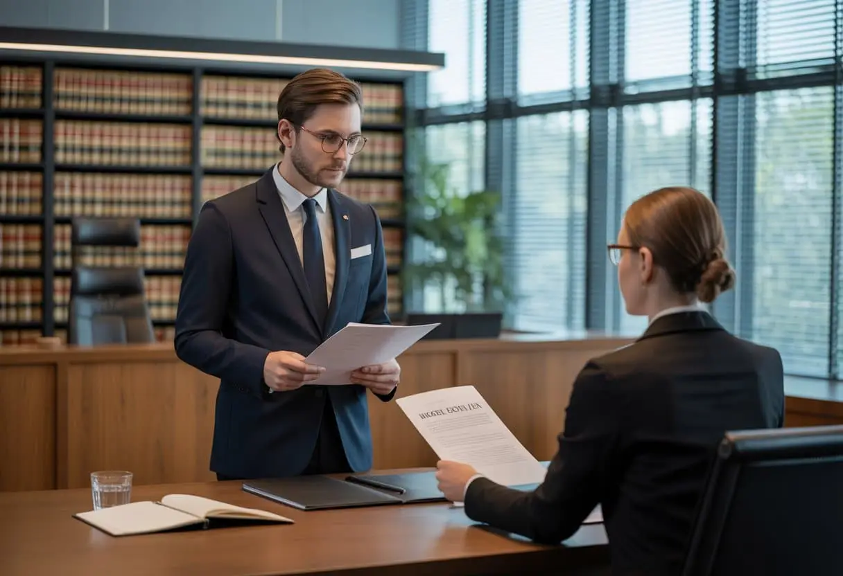 Hoger beroep in civiele zaken: Wanneer en hoe instellen? 1 Een advocaat bespreekt juridische documenten met een cliënt in een moderne rechtszaalomgeving.