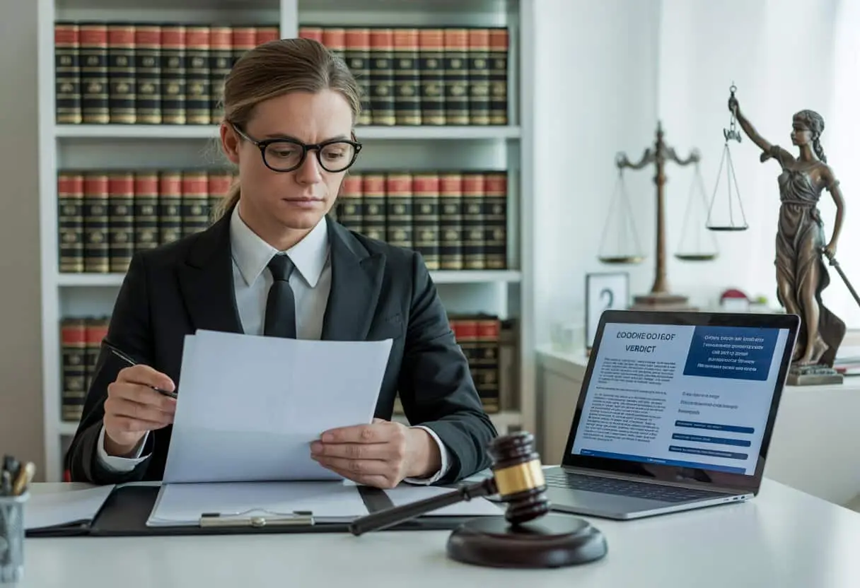 Een advocaat die geconcentreerd juridische documenten bekijkt in een kantoor met rechtsboeken en een weegschaal van gerechtigheid op de achtergrond.