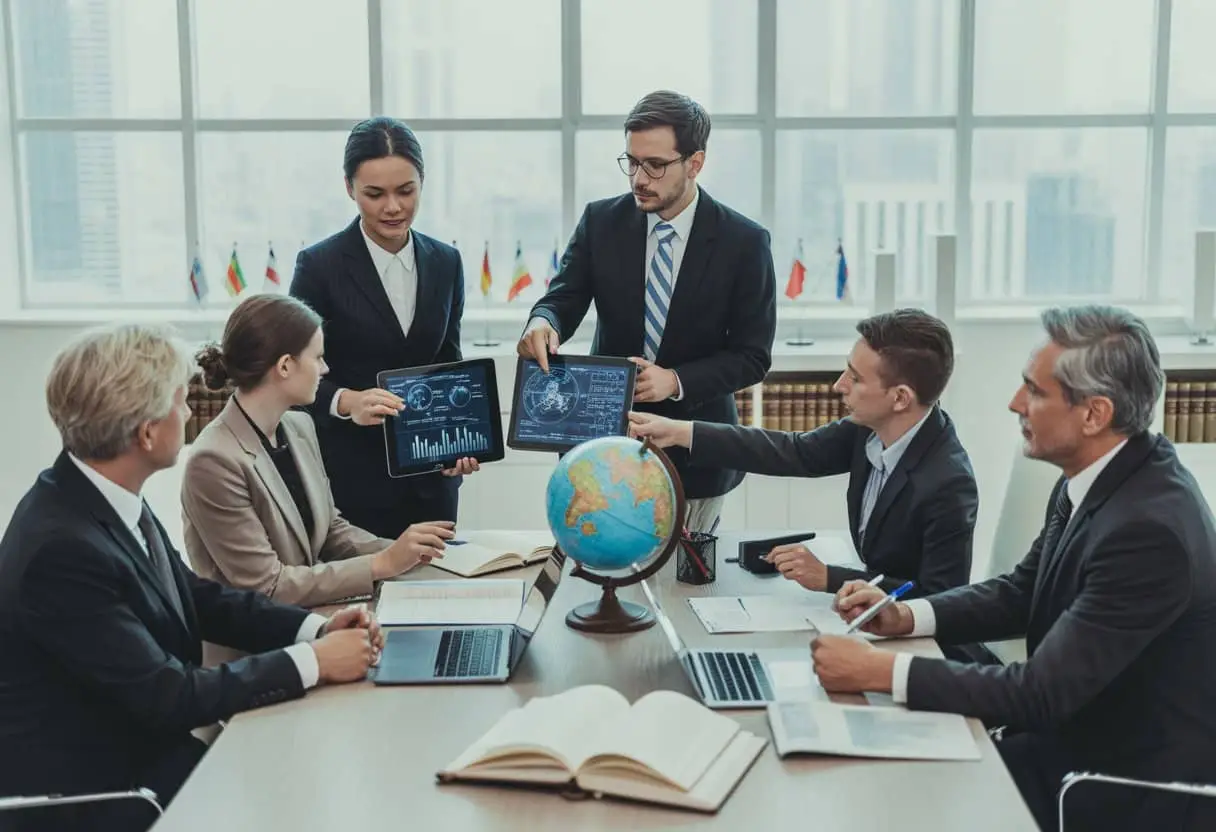 Een groep professionals en advocaten bespreekt juridische documenten rond een vergadertafel in een modern kantoor met uitzicht op de stad.