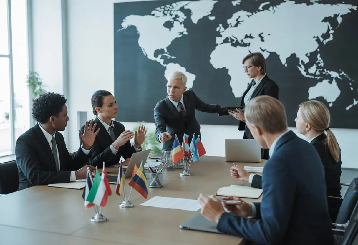 Een groep professionals in een vergaderruimte bespreekt internationale juridische documenten met een wereldkaart op de achtergrond.