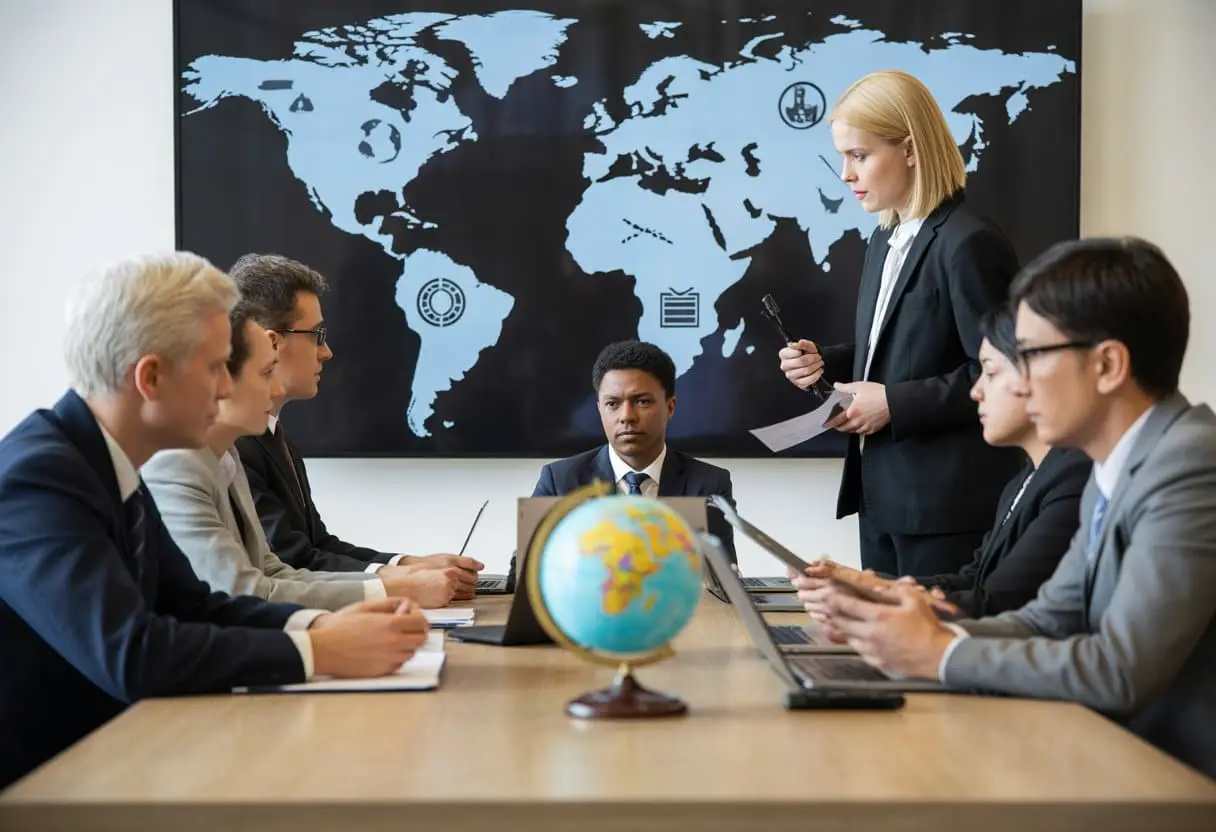 Een groep professionals in een vergaderruimte bespreekt internationale juridische kwesties rond een tafel met documenten en een wereldbol.