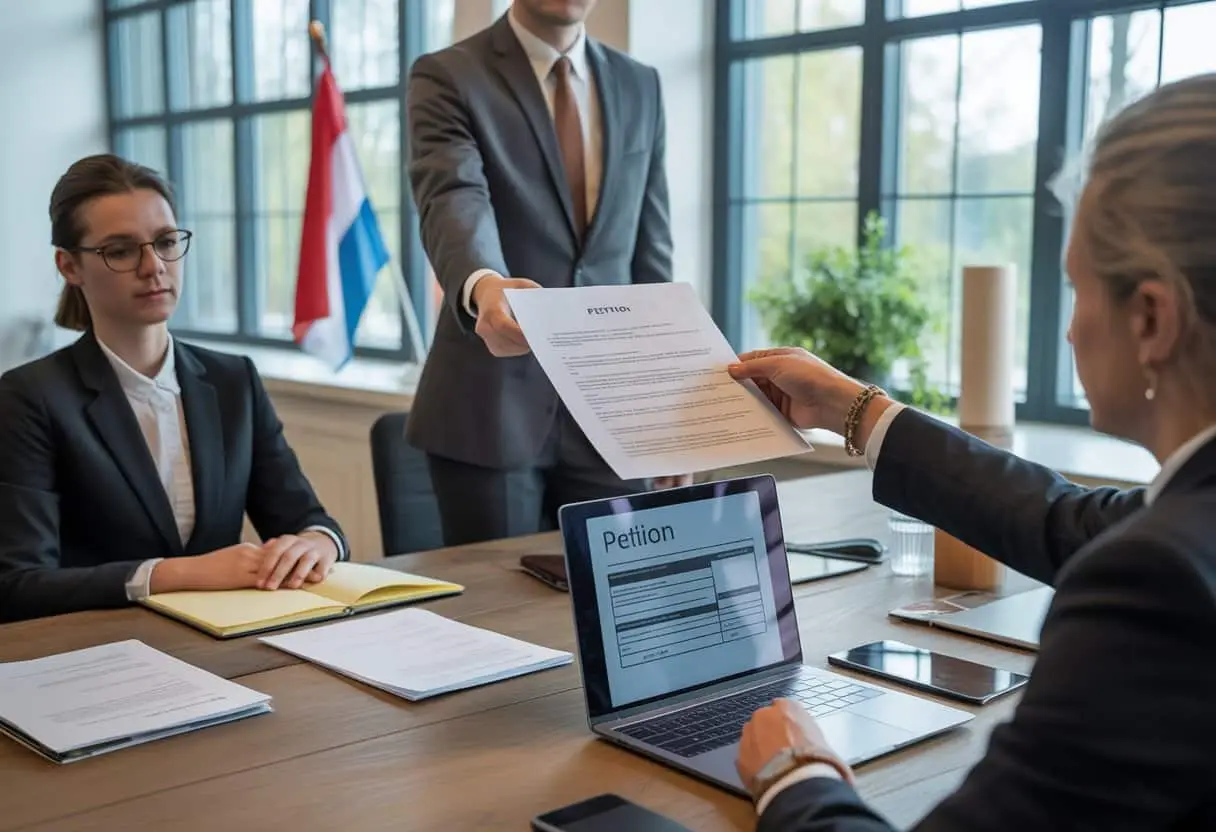 Een groep professionals in een kantoor die documenten uitwisselen tijdens een formele bijeenkomst.