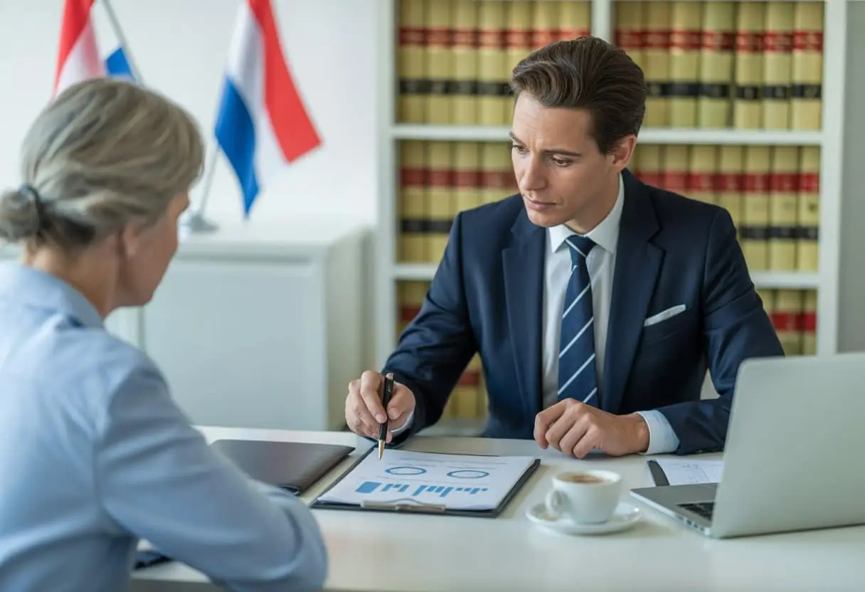Een advocaat en een cliënt zitten aan een bureau en bespreken juridische documenten in een kantoor met Nederlandse vlaggen op de achtergrond.