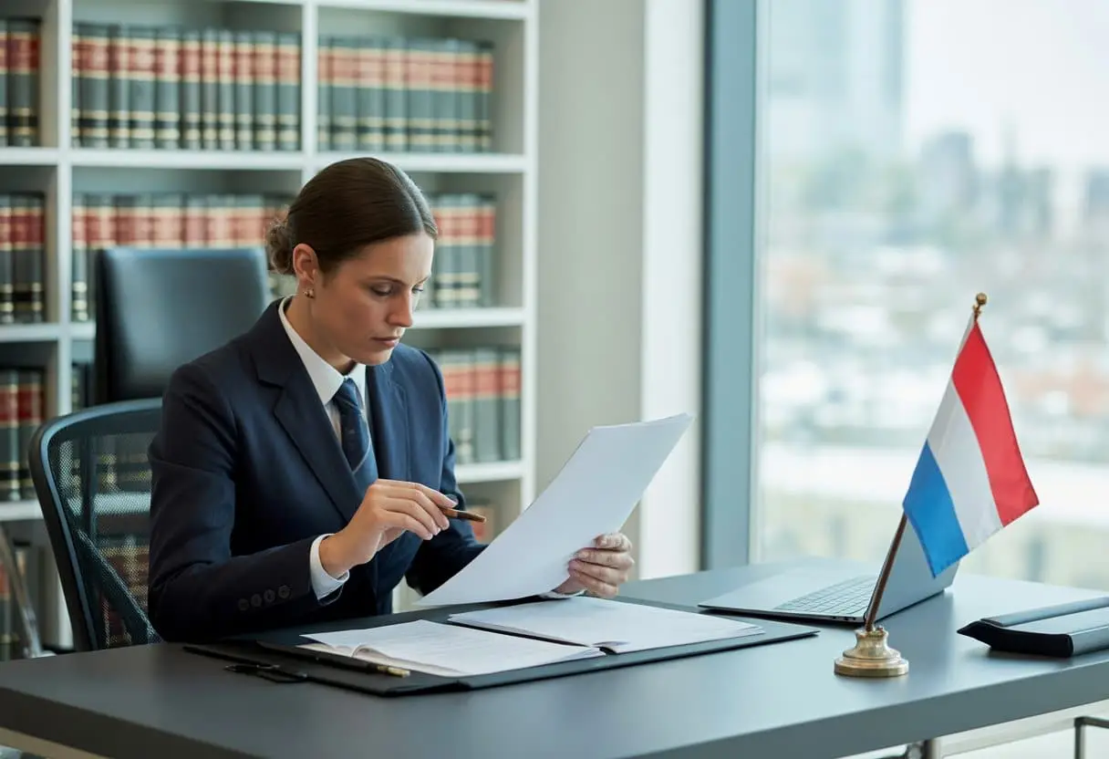 Een Nederlandse jurist zit aan een bureau met juridische documenten in een kantoor met uitzicht op een stad.
