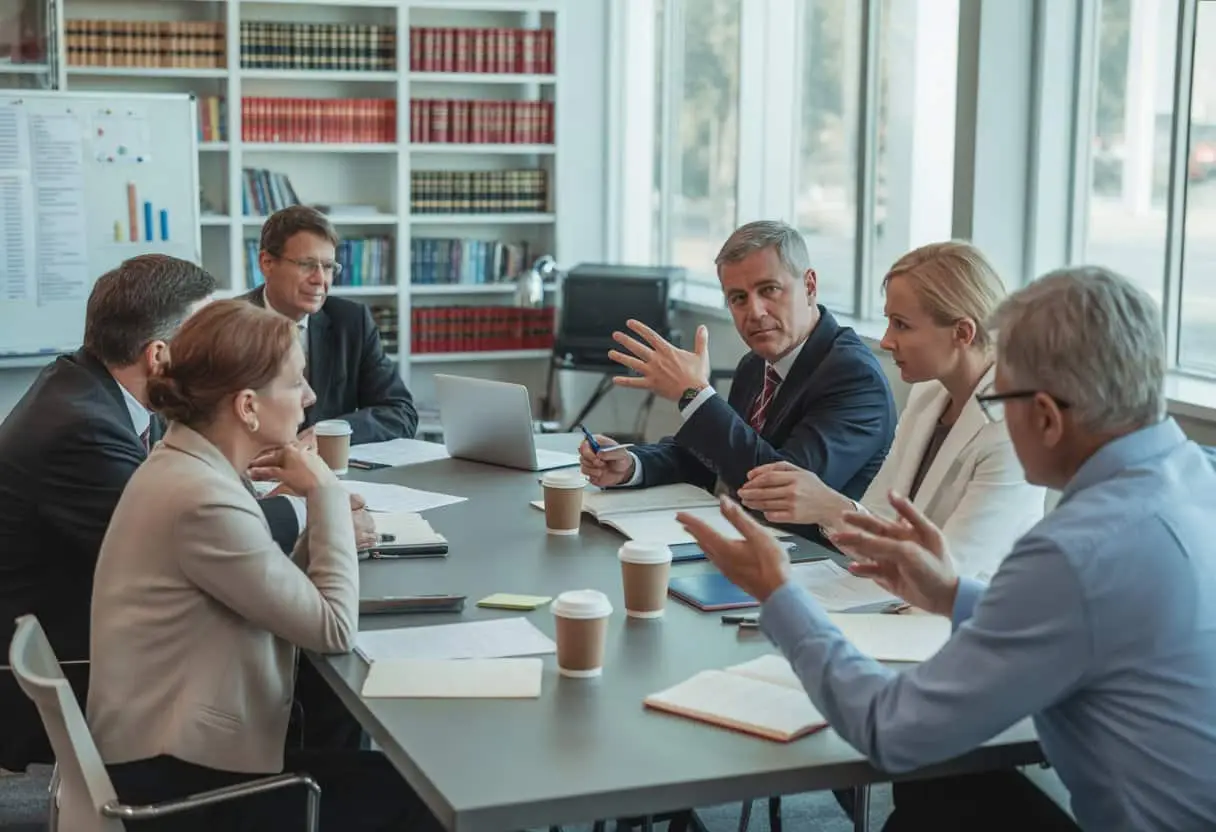 Een groep schoolmedewerkers en ouders die samen in een vergaderruimte overleggen.