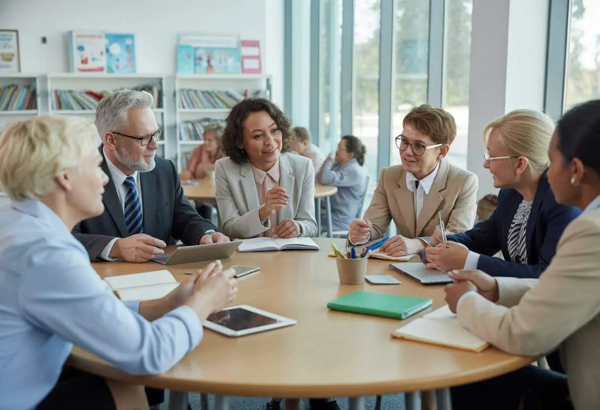 Ouders en schoolpersoneel zitten samen aan een tafel in een vergaderruimte en bespreken zaken over onderwijs.