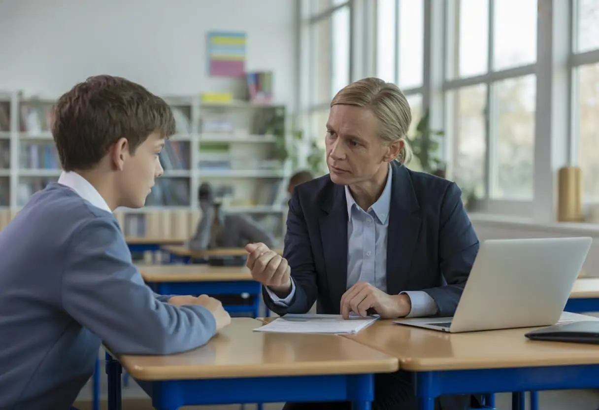 Verwijdering van een leerling: wanneer mag een school een leerling (definitief) uitschrijven? 1 Een leraar en een leerling zitten rustig tegenover elkaar in een schoollokaal tijdens een gesprek.