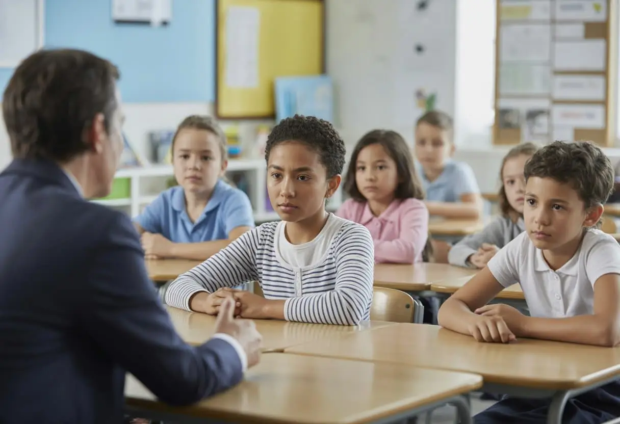 Schorsing op school: welke juridische spelregels gelden er? 1 Een leraar praat serieus met een ouder in een klaslokaal terwijl leerlingen aandachtig zitten.