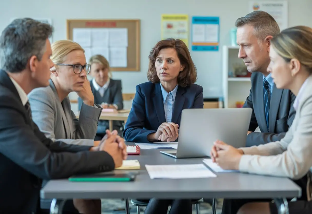 Schorsing op school: welke juridische spelregels gelden er? 2 Een groep volwassenen zit rond een tafel in een vergaderruimte op school, ze bespreken serieus schoolzaken.
