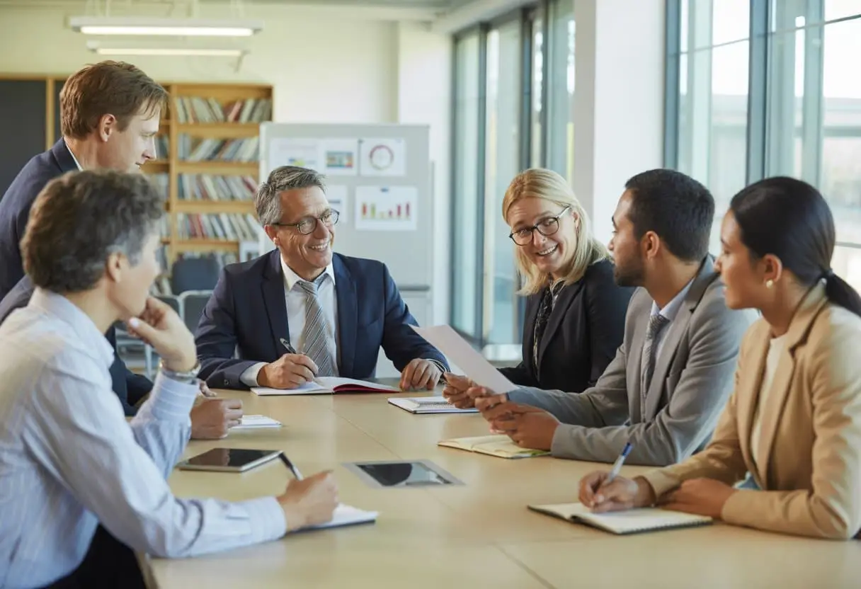 Een diverse groep mensen zit samen aan een tafel in een vergaderruimte en bespreekt documenten in een onderwijsomgeving.