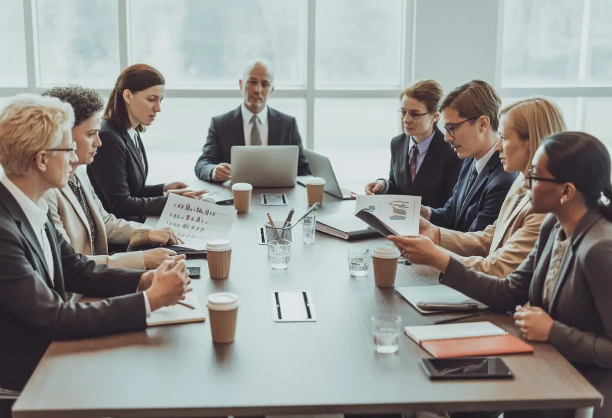Een groep leraren en schoolleiders in een vergaderruimte die samen overleggen aan een tafel.
