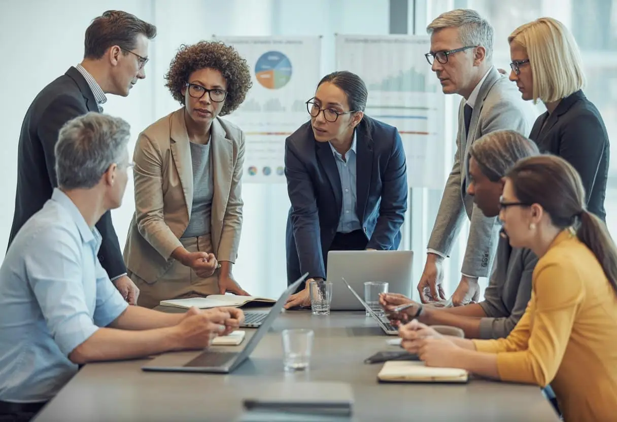 Een groep mensen zit rond een vergadertafel en bespreekt samen documenten in een kantooromgeving.