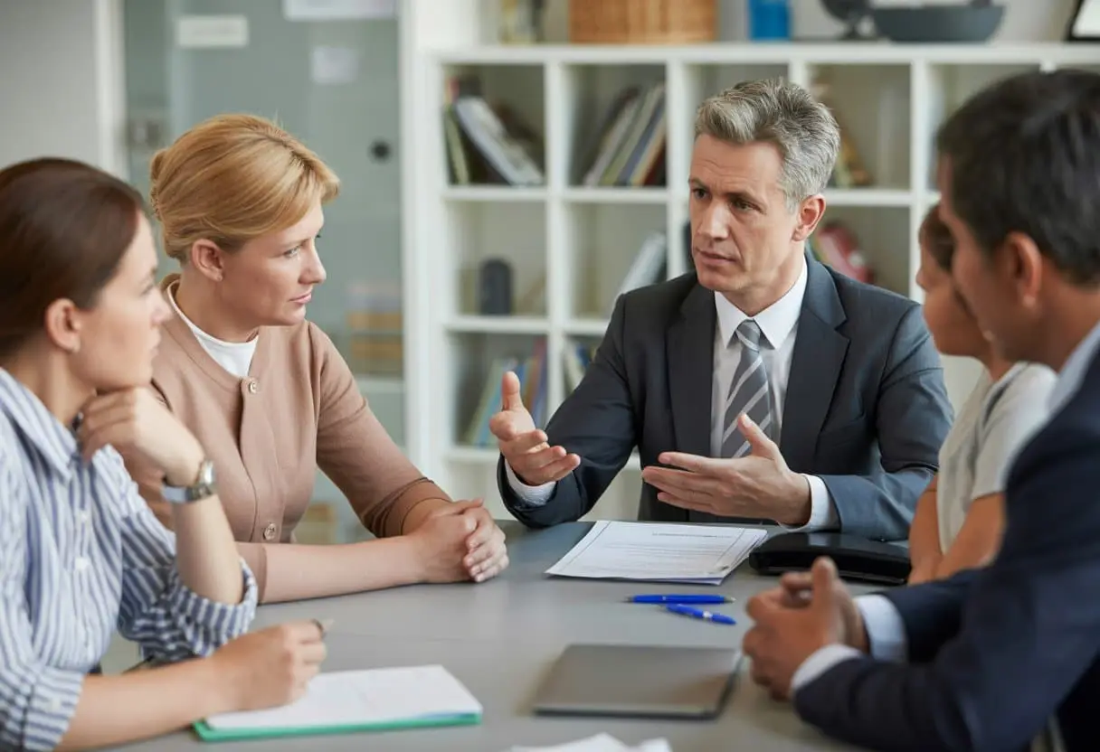 Een groep ouders bespreekt samen met een schoolmedewerker de klachtenprocedure in een kantoor.