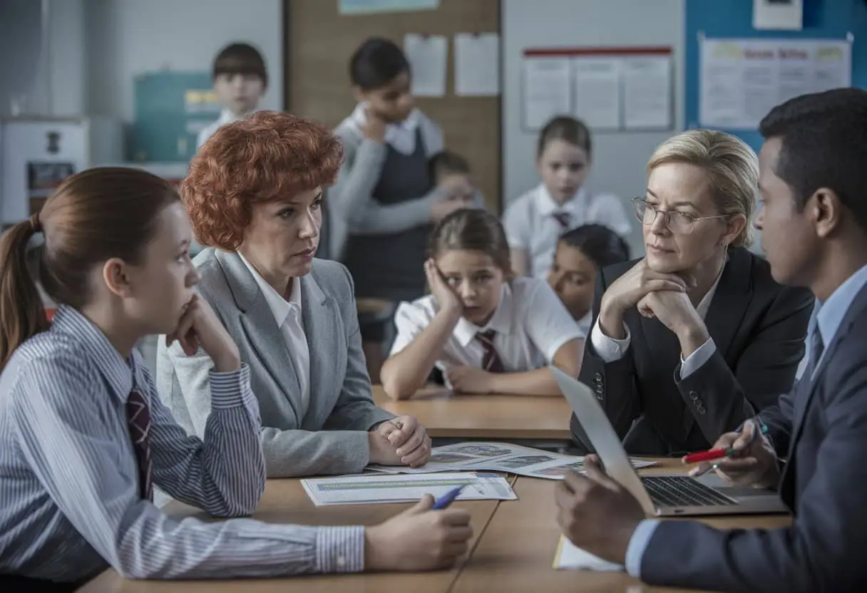 Schoolpersoneel bespreekt zorgplicht terwijl een leraar een bezorgd kind troost in een klaslokaal.