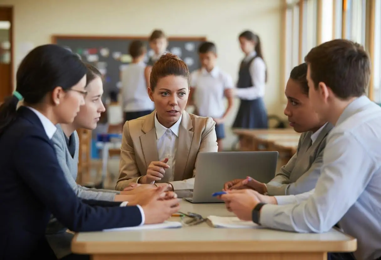 Schoolmedewerkers bespreken zorgplicht en aansprakelijkheid bij pesten in een schoolomgeving.