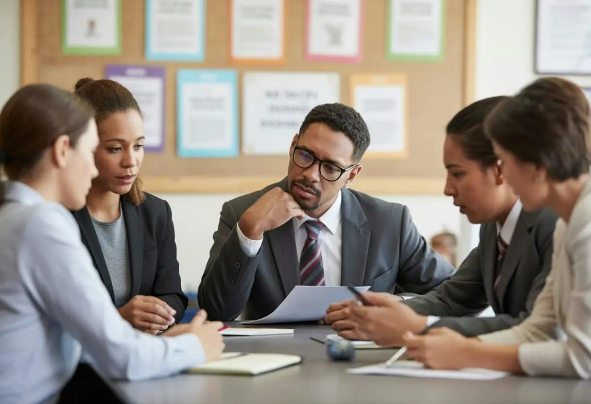 Schoolpersoneel in vergadering in een kantoor, bezig met het bespreken van beleid tegen pesten op school.